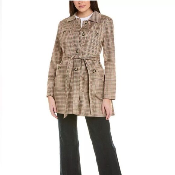 Cabi 3734 Sherlock Trench Coat Jacket Tan Multi Houndstooth Check Belt M Medium - Picture 5 of 12